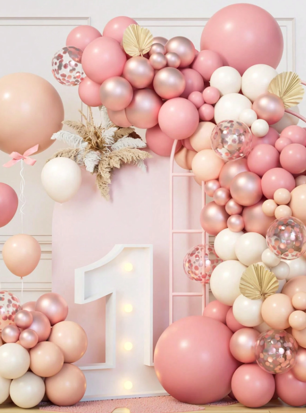 Комплект за арка 109 бр. балони в розово злато, златно хром, телесни и конфети /Ch/