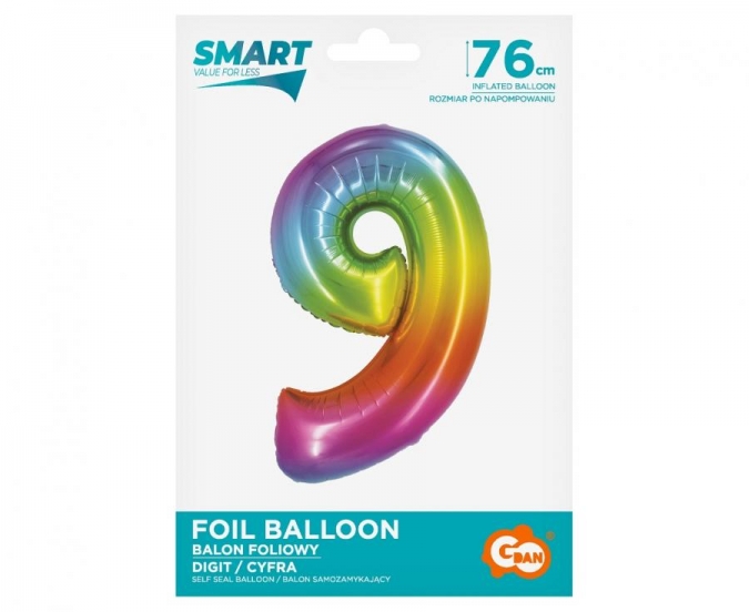 Фолиев балон цифра 9, цвят дъга 76 см /Gd/