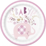 Хартиена парти чинийка , Бебе, момиче, слонче с флорални елементи /  Pink Floral Elephant, 8 бр. в опаковка