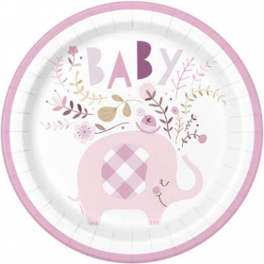 Хартиена парти чинийка , Бебе, момиче, слонче с флорални елементи /  Pink Floral Elephant, 8 бр. в опаковка