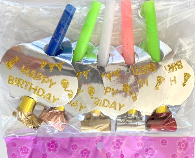 Парти свирки с текст Happy Birthday гланц, различни цветове, 5 бр. в пакет