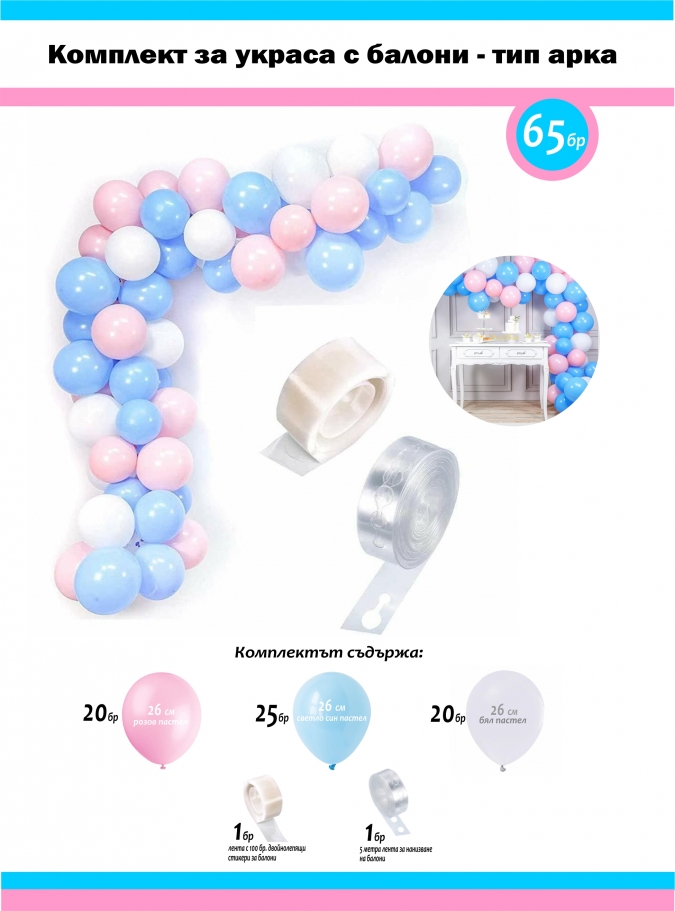 Комплект за украса с балони тип арка, 65 бр. балони в бяло, светло розово и светло синьо