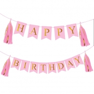 Банер комплект Happy Birthday / Честит Рожден Ден, розов със златни букви и 4 пискюла за декорация /mb/