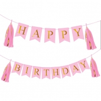 Банер комплект Happy Birthday / Честит Рожден Ден, розов със златни букви и 4 пискюла за декорация /mb/