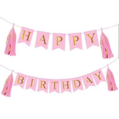 Банер комплект Happy Birthday / Честит Рожден Ден, розов със златни букви и 4 пискюла за декорация /mb/