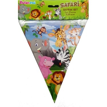 Банер гирлянд за декорация Сафари, джунгла, животни, 3,20 м дължина, 11 бр. флагчета