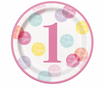Хартиена парти чинийка  Първи рожден ден момиче  / First Birthday, 22 см. диаметър, 8 бр. в опаковка /Gd/