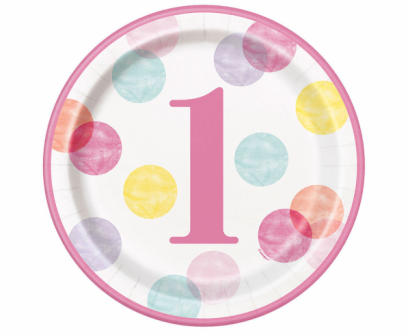 Хартиена парти чинийка  Първи рожден ден момиче  / First Birthday, 22 см. диаметър, 8 бр. в опаковка /Gd/
