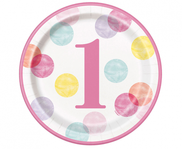 Хартиена парти чинийка  Първи рожден ден момиче  / First Birthday, 22 см. диаметър, 8 бр. в опаковка /Gd/
