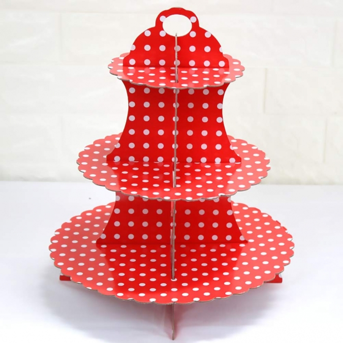 Стойка за мъфини цвят червен на бели точки, три нива /Gx/