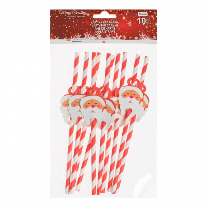 Картонени сламки Весела Коледа с картонени фигури, 10 бр опаковка /mb/