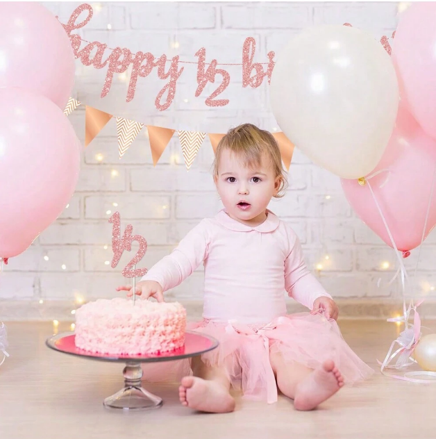 Банер с надпис Happy 1/2 Birthday, 6 месеца, брокат, с флагчета и топер в розово злато /Ch/