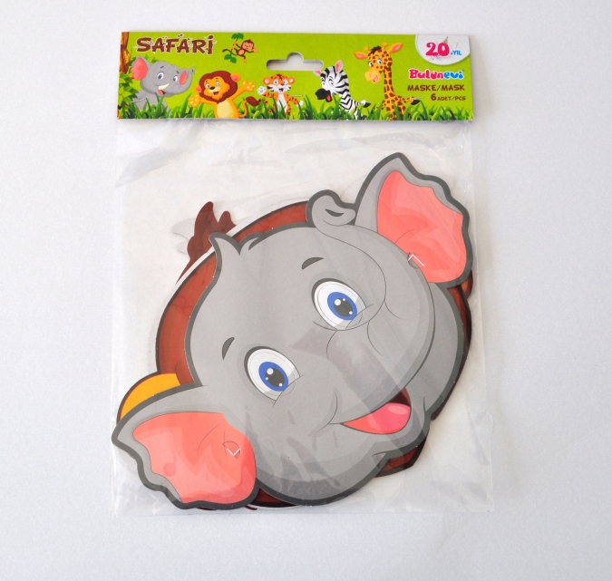 Парти маски Животни, сафари, джунгла, /лъв, слон, маймуна/, 6 бр. в пакет