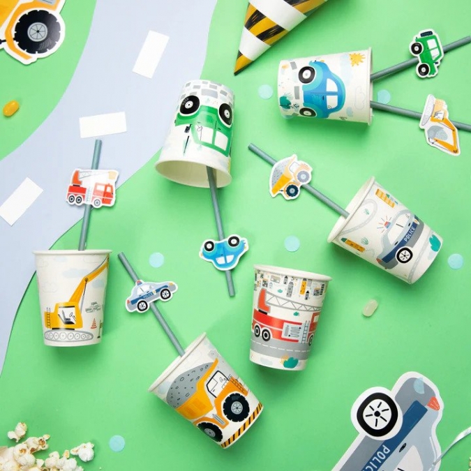 Картонени сламки Транспортни средства, кола, багер, пожарна, 19,5 см, 6 бр. в опаковка /Pp/