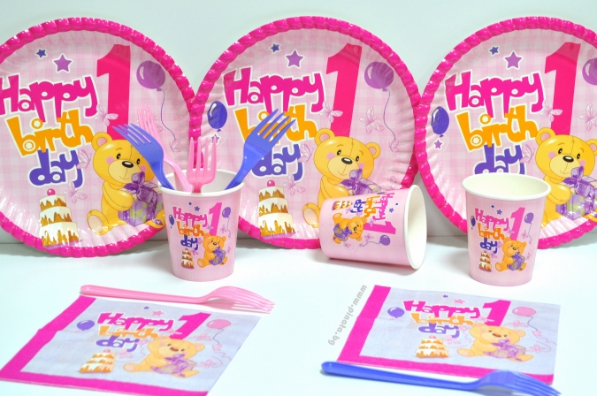Хартиена парти чашка Честит първи рожден ден мече момиче бебе, 8 бр. в опаковка