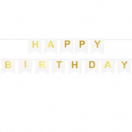 Банер Happy Birthday, бял със златни букви /Pp/