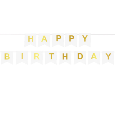 Банер Happy Birthday, бял със златни букви /Pp/