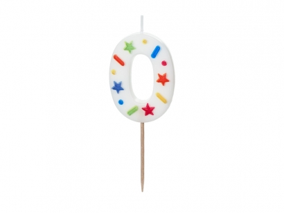 Свещичка цвят бял с конфети, цифра 0 /Pd/