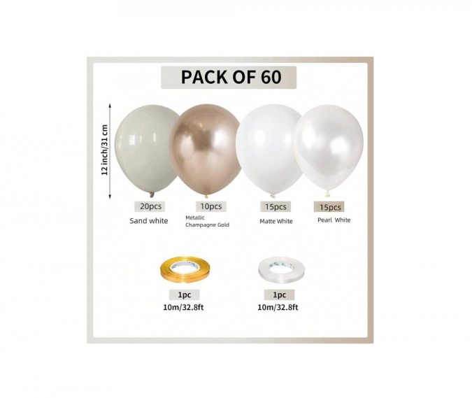 Комплект за арка 60 бр. балони в бяло, шампанско, латте и хром /Ch/