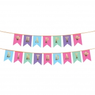 Банер комплект Happy Birthday / Честит Рожден Ден, цветни флагчета със златни букви и картинки /mb/