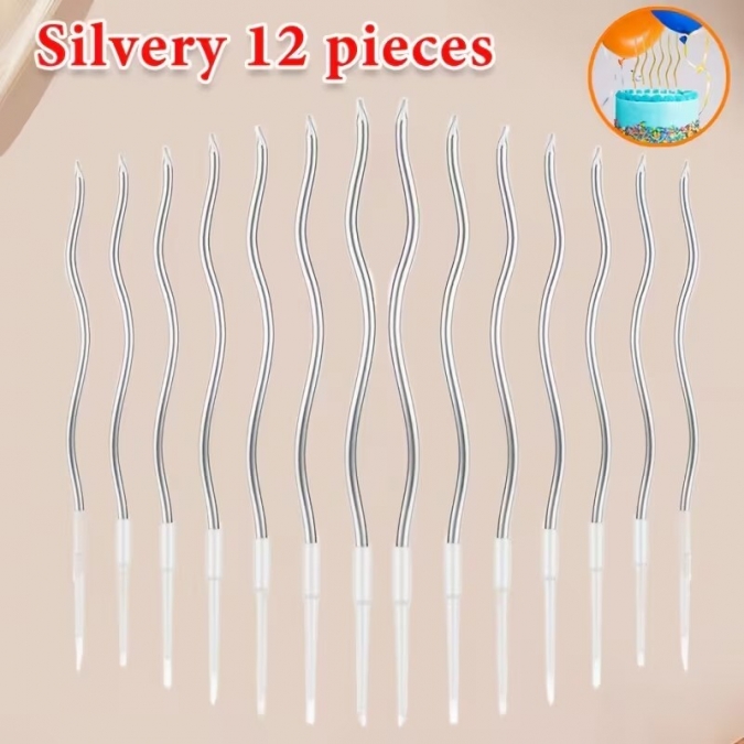 Свещи за торта спирали, 12бр., цвят сребро, 15,5см /Tm/