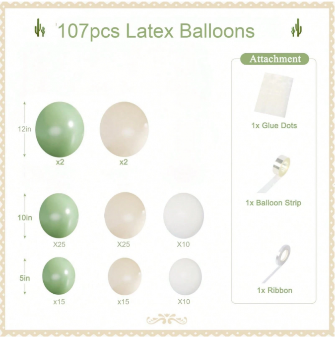 Комплект за арка 107 бр. балони в зелено, лате и бяло /Ch/