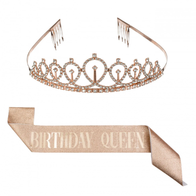 Парти комплект лента и диадема Birthday Queen , цвят розово злато брокат /Mb/