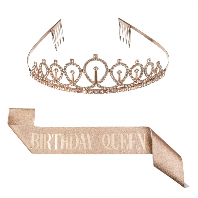 Парти комплект лента и диадема Birthday Queen , цвят розово злато брокат /Mb/