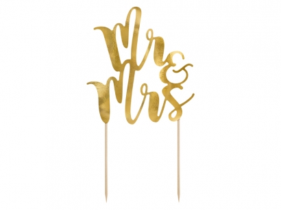 Декорация за торта Mr. and Mrs, Младоженци, сватба, в огледално златно, 25,5 см  /Pd/