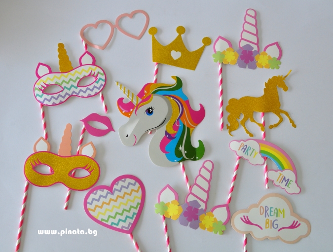 Пропсове за забавни снимки Еднорог, 12 бр комплект /mb/