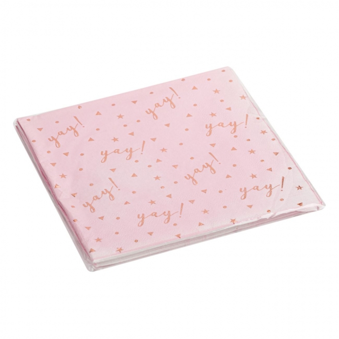Парти салфетки розови с блестящи елементи и надпис в розово злато Yay, 12 бр в пакет /mb/