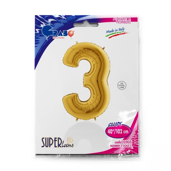 Фолиев балон цифра 3, цвят злато, 102см, Grabo Италия