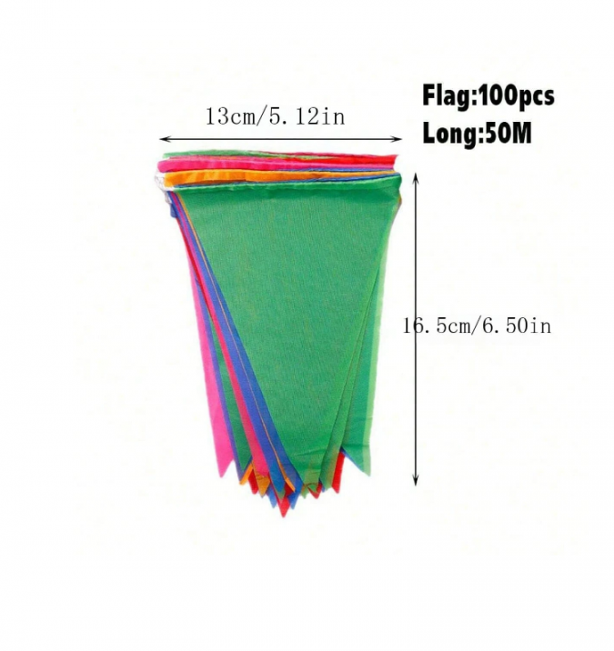 Банер гирлянд за външна декорация, 50м, 100 шарени триъгълни флагчета /Ch/