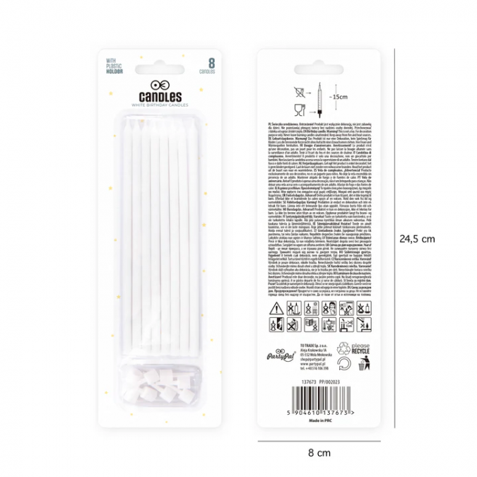 Свещички, дълги бели, 8 бр. в опаковка /Pp/