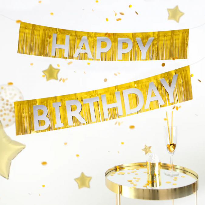 Банер Happy Birthday, златни ресни и сребърни букви /Pp/