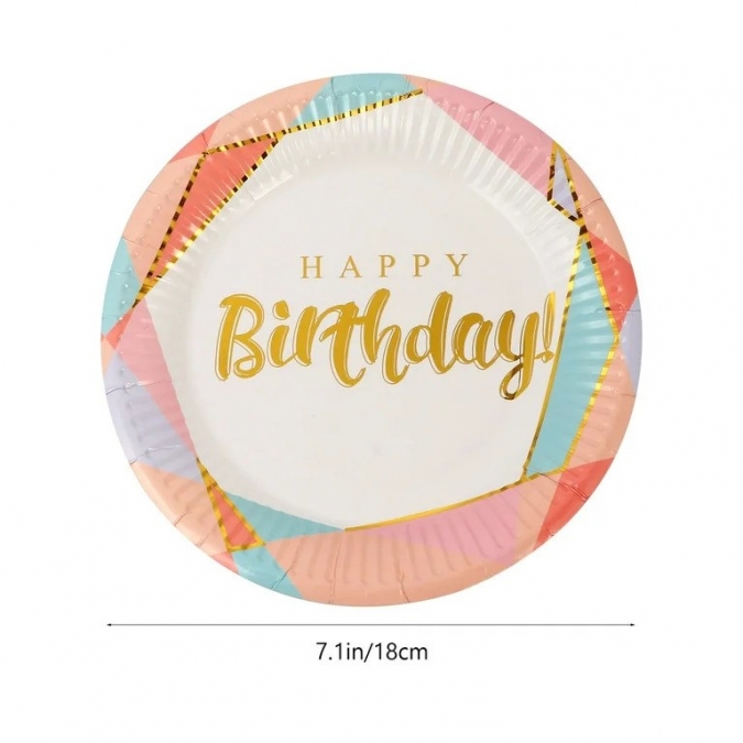 Хартиена чинийка златни букви Happy Birthday, 18 см диаметър, 10 бр. /Gx/