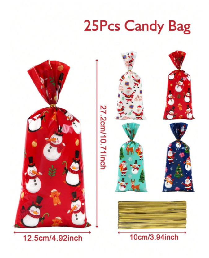 Подаръчни торбички, пликове за сладки, Коледа, Снежен човек, 12х27см, 25 бр. в опаковка /Ch/