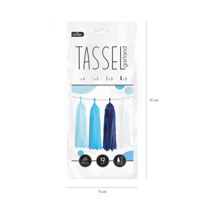 Гирлянд/декорация от 12 бр. сини и бели тасели,  35х250см. /Pp/