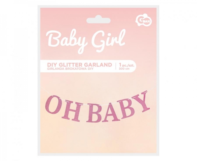 Банер гирлянд за декорация с текст Oh Baby / Бебе момиче, 3,00 м. дължина, цвят розов брокат /Gd/