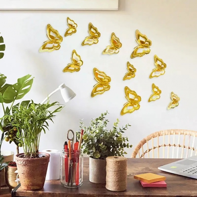 3D пеперуди за декорация, златни, 6 броя /Km/