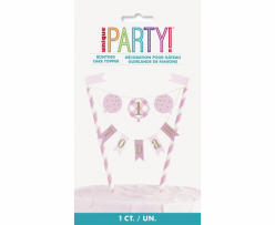 Декорация за торта Първи рожден ден в розово райе / Cake Topper First Birthday Gingham /Gd/