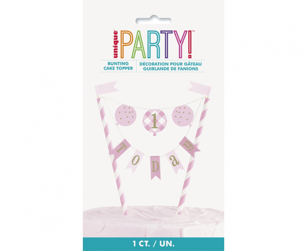 Декорация за торта Първи рожден ден в розово райе / Cake Topper First Birthday Gingham /Gd/