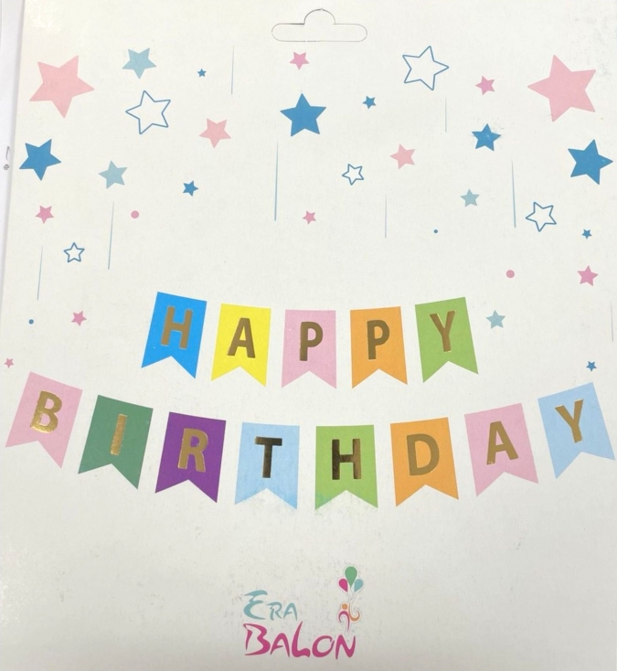 Банер гирлянд Happy Birthday, златни букви, различни цветове /Tr/