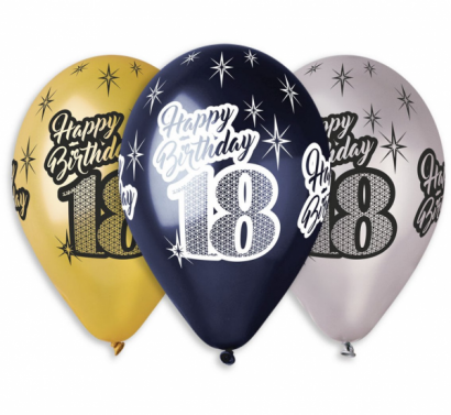 Комплект 6 бр. балони металик с печат 18 години Happy Birthday, микс цветове Gemar /Gd/