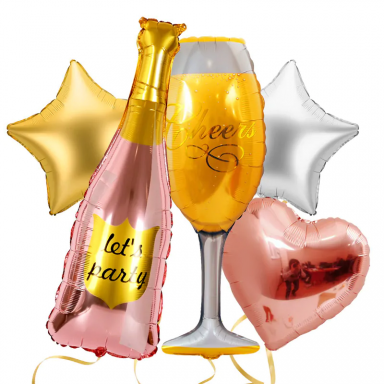 Комплект 5 бр. фолиеви балони Шампанско с надпис Lets Party, цвят розово злато, злато и сребро /Km/