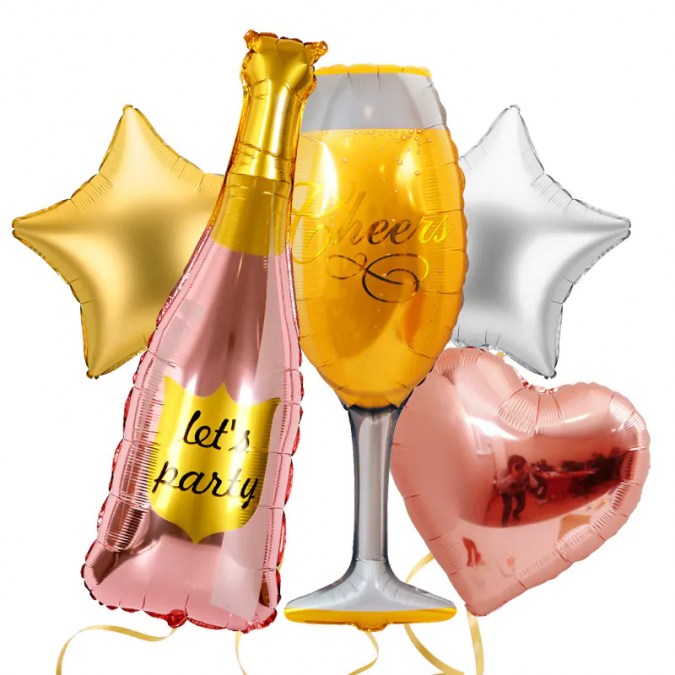 Комплект 5 бр. фолиеви балони Шампанско с надпис Lets Party, цвят розово злато, злато и сребро /Km/