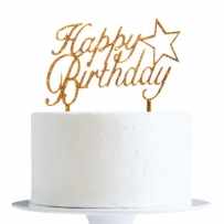Декорация за торта с текст Happy Birthday в златно, 15х12,5см /Mb/
