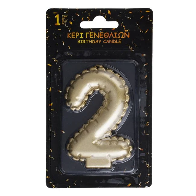 Свещичка за рожден ден, металик цвят злато, цифра 2 /Mb/