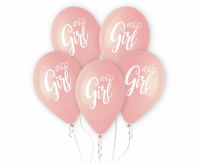 Комплект 5 бр. премиум балони, цвят розов пастел с печат It's a Girl, бебе момиче/ /Gd/