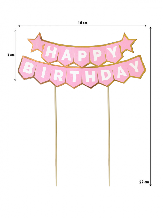Декорация за торта с текст Happy Birthday в розово и златно, 18х22см /Tr/